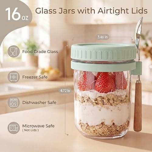 HomArtist 16oz Overnight Oats Containers with Lids and Spoons, 4 Pack Wide Mouth Mason Jars with Airtight Lids, Overnight Oats Jars for Salad, Chia Seed, Cereal, Yogurt thumbnail 3