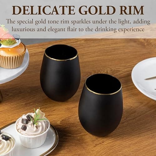 MyGift 18 oz Deluxe Art Deco Matte Black Stemless Wine Drinking Glasses with Gold Rim Accent, Cocktail Beverage Glass Drinkware Cups for Party Wedding, Set of 4 thumbnail 5