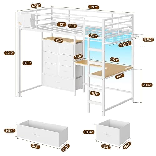DICTAC Twin Size Loft Bed with L-Shaped Desk and 7 Storage Drawers,Metal Twin Loft Bed for Kids with LED Lights and Charging Station,13.11" H Safety Guardrail and Ladder,No Box Spring Needed, White thumbnail 3