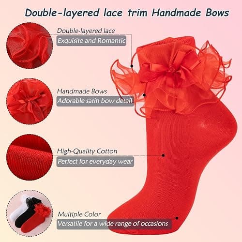 Dicry Women's Big Ruffle Socks with Bows Double Lace Turn Cuff (Size 9-11, 3 Pairs) thumbnail 3