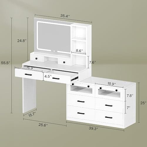 YITAHOME Vanity Desk with Mirror and Lights, RGB Makeup Vanity Table Set with 10 Drawers and 4 Storage Shelves, 3 Lighting Modes Adjustable, Large Makeup Dressing Table with Charging Station, White thumbnail 2