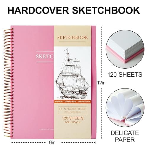 Yoment 9"x12" Hardcover Sketchbook for Drawing，120 Sheets，100GSM | Pink,Spiral Bound Sketch Pad Premium Art Sketchbook Artistic Drawing Paper Pad for Kids Adults Beginners Artists thumbnail 3