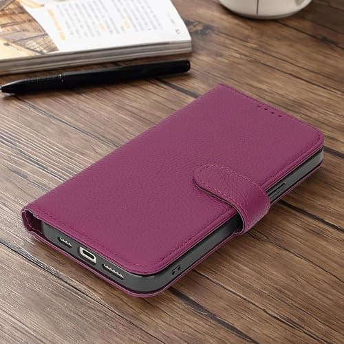 Zouzt Case for iPhone 14 Pro 6.1" Genuine Leather Wallet Case with 4 Card Slot, RFID Blocking Card Holder Magnetic Flip Folio Kickstand Shockproof Phone Cover Women Men - Rose Purple thumbnail 6