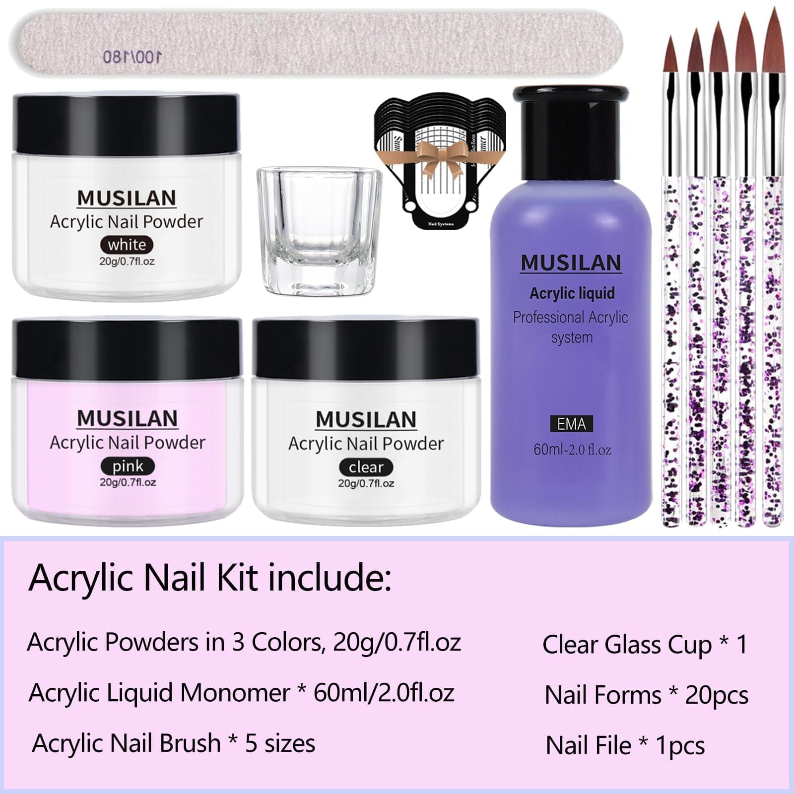 Acrylic Nail Kit Acrylic Powder and Professional Liquid Monomer Set with 5pcs Nail Brush Tips for Nails Extension Beginner kit for Nail Art Starter, Pink White Clear thumbnail 2