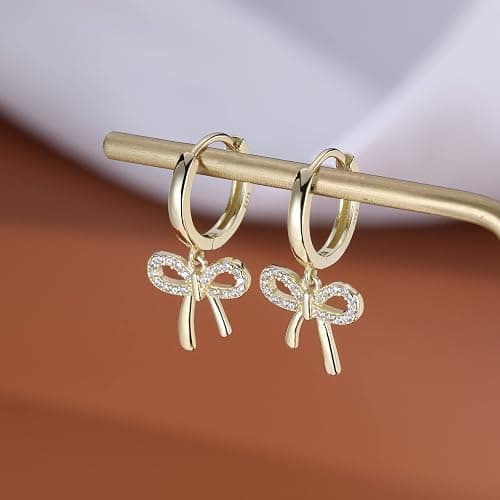 Reffeer Solid 925 Sterling Silver Bow Drop Hoop Earrings for Women Teen Girls Bowknot Hoop Earrings Huggie Ribbon Earrings thumbnail 3