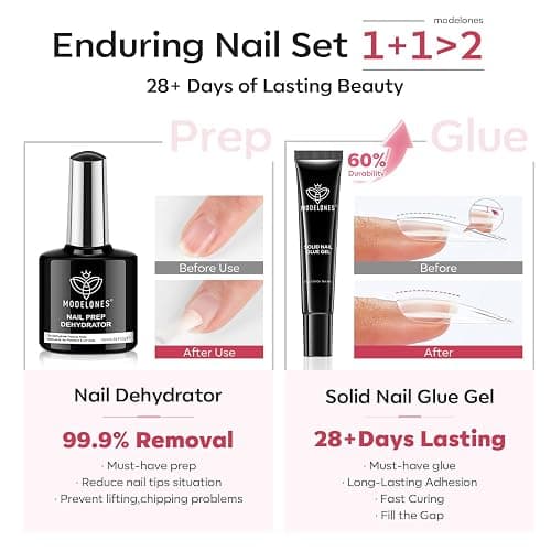 modelones Gel Nail Kit Almond, 510Pcs Nail Tips Solid Glue Prep Dehydrator & Mini U V LED Light Clipper, Upgrade 15Sizes Medium Almond Press on Tips Etch Half Matte for Easy Extension DIY Women Gift thumbnail 3