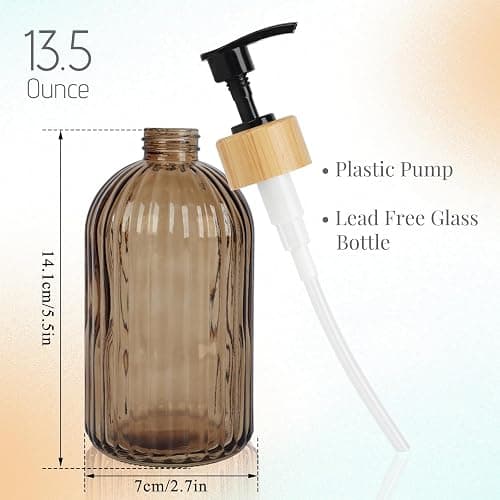 Ulable Amber Glass Soap Dispenser with Pump, 2 Pack 13.5oz Vertical Stripe Design Hand Soap Dispenser for Hand Wash, Dish Wash, Elegant Dispenser for Bathroom and Kitchen thumbnail 3