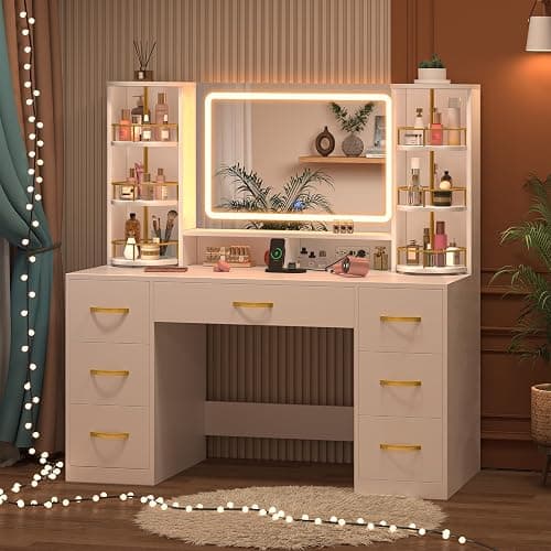CSZZD White Vanity Desk with 360° Rotating Organizer & Charging Station | Large Makeup Vanity with LED Lighted Mirror and 6 Storage Drawers, Bedroom Vanity Table for Women Girls thumbnail 8