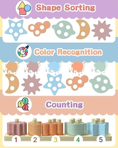 Tonberless Montessori Toys for 1 2 3 Year Old Boy Girl, Star Shaped Toys for Ages 2-4 Toddlers Kids Baby, 1 2 Year Old Boy Girl Birthday Gifts, Wooden Learning Puzzles Shape Sorter Toy for Toddlers - Star thumbnail 4