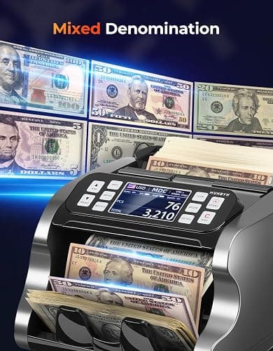 MUNBYN IMC22 Money Counter Machine Mixed Denomination, Dual-Display, CIS/UV/IR/MG Counterfeit Detection Bill Counter, USD, MXN, EUR, CAD Cash Counter for Business, Merchant, 2Y Protect (Black) thumbnail 2