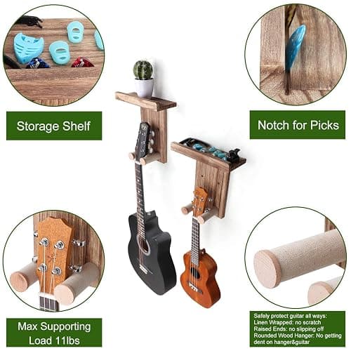 Keebofly 2-Pack Guitar Wall Mount Hanger with Shelf & Pick Holder - Wood Wall Hook for Acoustic, Electric, Bass Guitars, Ukulele (Screw-Mounted, Brown) [Patented] thumbnail 4