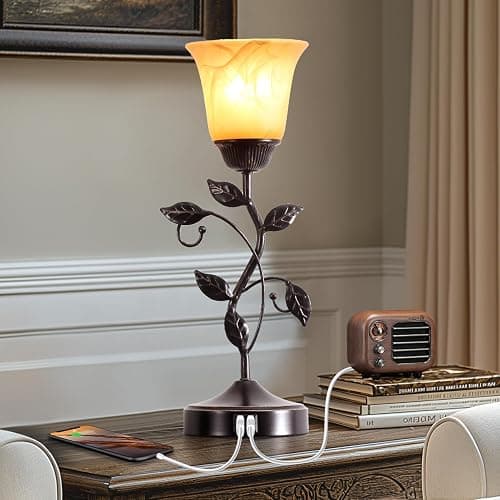 RORIANO Set of 2 Touch Vintage Bedroom Leaf Table Lamps with 2 USB Ports | 3-Way Dimmable Nightstand Flower Lamps, Amber Glass Shade Rustic Lamp for Living Room Bedroom, LED Bulb Included (Bronze) thumbnail 2