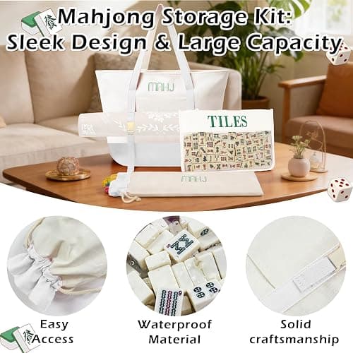 Mykng Nzw 3Pcs Canvas Mahjong Tile Bag Set for Tiles and Racks, Beige | Canvas Tote Bag with Mat Holder Accessories Organizer,Portable Mahjong Case Drawstring Protective Sleeve for Rack Pushers thumbnail 7