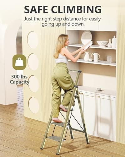 WOA WOA 4 Step Ladders for Home, 300lbs Load, 37'' Top Step, Gold | 9ft Reach; For Closets, Kitchens; Anti-Slip Feet Suit Wood, Tile, Carpet; Rigid Aluminum Pedals; Handrail Adds Balance. thumbnail 4