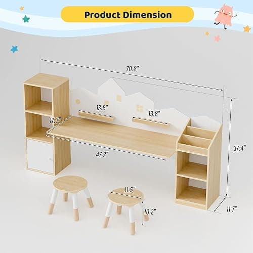 Xilingol Kids Desk with Bookshelves and 2 Stools, Wooden Kids Desk and Chair Set with 5 Storage Cabinets, Children Writing Drawing Table, Student Kid Study Table for Ages 3-8, Boys, Girls, House Shape thumbnail 2