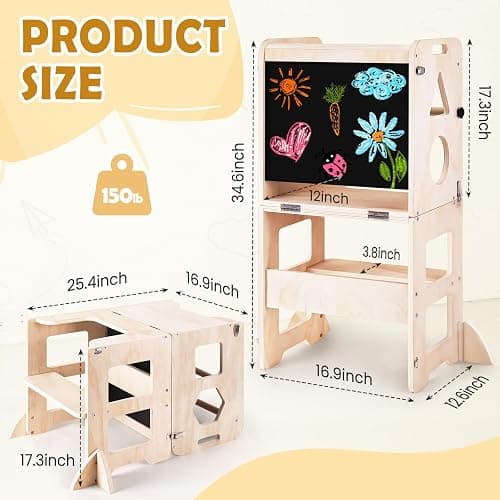 Woodure 4-in-1 Toddler Kitchen Step Stool, Foldable Learning Standing Tower with Blackboard, Wooden Kitchen Stool Helper for Kids, 1-3 Year Old Boy Girl Gifts thumbnail 2