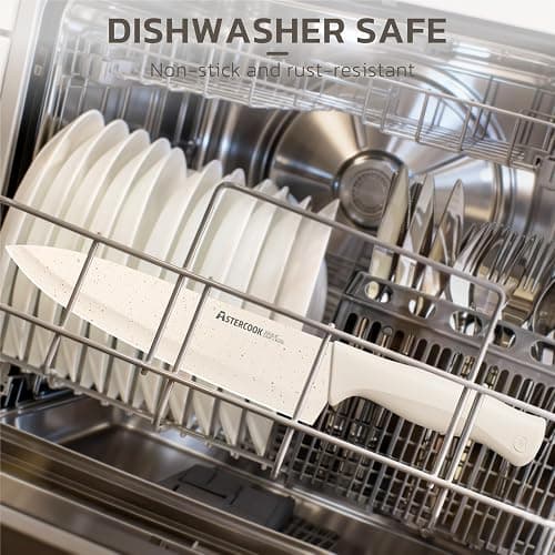 Astercook Knife Set, 15 Pieces Kitchen Knife Set with Sharpener Block, German Stainless Steel Knives Set with Anti-Rust Coating, Dishwasher Safe Elegant Cream White Knife Block Sets, Valentine's Gift thumbnail 9
