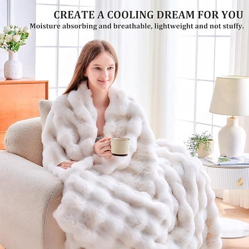 Faux Fur Throw Blanket for Couch, Cozy Fuzzy Fluffy Soft Plush Thick Bubble Sherpa Blanket for Sofa Bedroom Living Room, Mothers Day Birthday Gifts for Women Home Decor thumbnail 2