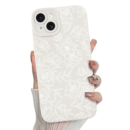 MZELQ for iPhone 14 Case, Silicone Floral Flower Rose Cute Pattern, Camera Protection Soft Slim Phone Cover for Girls Women -White - Image 1