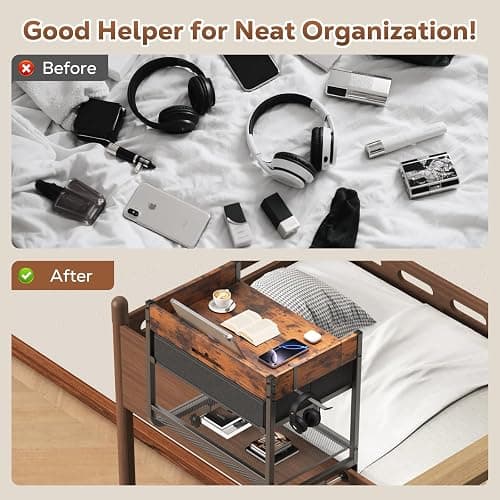 Housolution 2 Tier Bedside Shelf for Top Bunk & Loft Beds, Bunk Bed Shelf with Fabric Drawer, Tablet Slot,Clip on Nightstand for College Dorm Rooms, Small Apartments, Bedrooms with Limited Space thumbnail 6