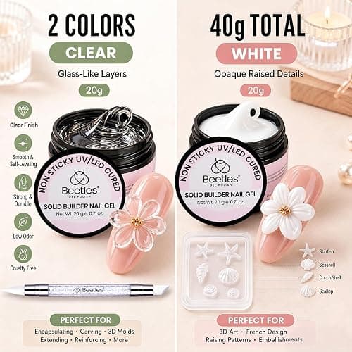 Beetles 3D Gel Nail Art, 2 Pcs Clear & White with Sculpting Pen and 3D Mold | 5 in 1 Non-Sticky Hand Sculpting Building, Beginner Friendly DIY UV Nails at Home,Sandy Glow thumbnail 2