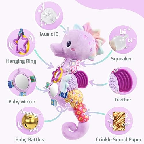 Sumobaby Infant Baby Musical Stuffed Animal Activity Soft Toys with Multi-Sensory Crinkle, Rattle and Textures, for Tummy Time Newborn 0-3-6-12 Months Girls,Seahorses - Purple with Baby Mirror thumbnail 4