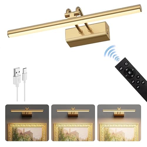 Percantis 13.8'' Battery Operated Picture Light for Wall, Remote Control | 4000mAh Cordless,Gold Wall Light, Magnetic for Easy to Charge,Timers, Display for Gallery Living Room Bedroom thumbnail 8