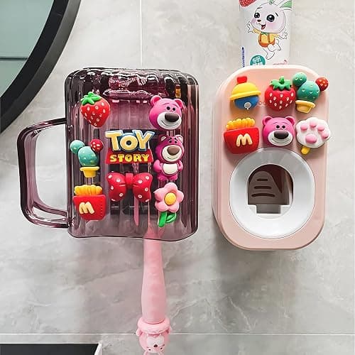 Automatic Toothpaste Dispenser & Toothpaste Holders and Wall Mounted Cup 3 Piece in a Set, is Wall Mounted for Bathroom,Toothpaste Squeezer for Kids & Family Shower by Mr. Thumbs(Pink Set) - Image 1