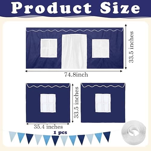 Breling 3 Panel Bunk Bed Curtains for Bottom Loft Bed Tent Set with Felt Flag Double-Layer Twin Bunk Curtains Playhouse Accessories for Boy Girl Bedroom(Blue and White,Classic) thumbnail 2
