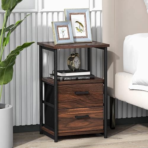 COSTWAY Nightstand with 2 Fabric Drawers, 3-Tier Bedside Sofa Side Table with Open Shelf, Metal Frame, Industrial End Table for Bedroom, Living Room, Dormitory, Walnut thumbnail 2