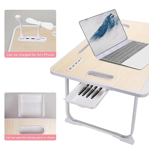 Laptop Bed Table, Laptop Desk for Bed, Foldable Laptop Bed Desk with USB Charge Port, Handle, Desktop Card Slot, Cup Slot, Side Drawer, Portable Laptop Table for Bed Eating Reading Working thumbnail 3
