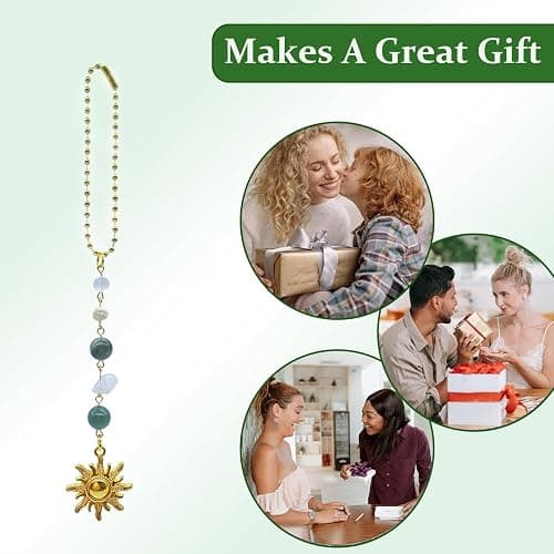 Sun Hanging Car Charm,Green and Gold Rear View Mirror Accessories Cute Boho Dangling Sun Car Decor Handmade Healing Crystals Stones Ornament Gifts for Women Men (Green) thumbnail 6