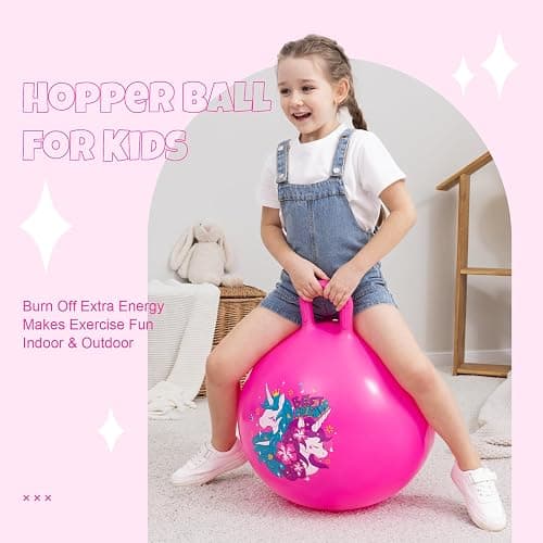 ZOOJOY Hopper Ball, Pink Bouncy Balls for Kids, 18 Inch Sit on Jumping Toys with Handle for Girls Gift Aged 3-8, Inflatable Unicorn Bounce Hopper Balls Toy with Pump thumbnail 8