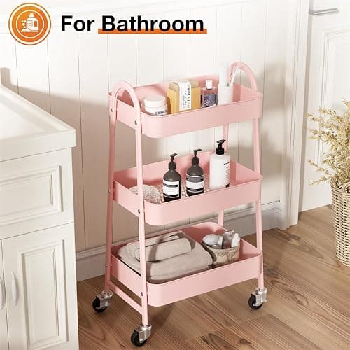 UOCFYK 3-Tier Metal Rolling Utility Cart, Small Rolling Cart Kitchen Trolley Bathroom Laundry Room Bar Office Shelves Storage Organizer Shelving Unit with Caster Wheels for Narrow Places, Pink thumbnail 4