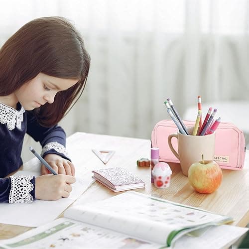 Pencil Case Pink, Pen Case for Adult with Double Zippers Closure, Stationery Supplies Cute Pen Pouch with Compartments for Middle High School Student Kids Boy Girl Teen Adult (Pink) thumbnail 2