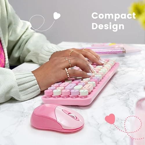 Perixx PERIDUO-802PK Bluetooth Mini Keyboard and Mouse Combo - Retro Round Key Caps - Pastel Pink - US English thumbnail 7