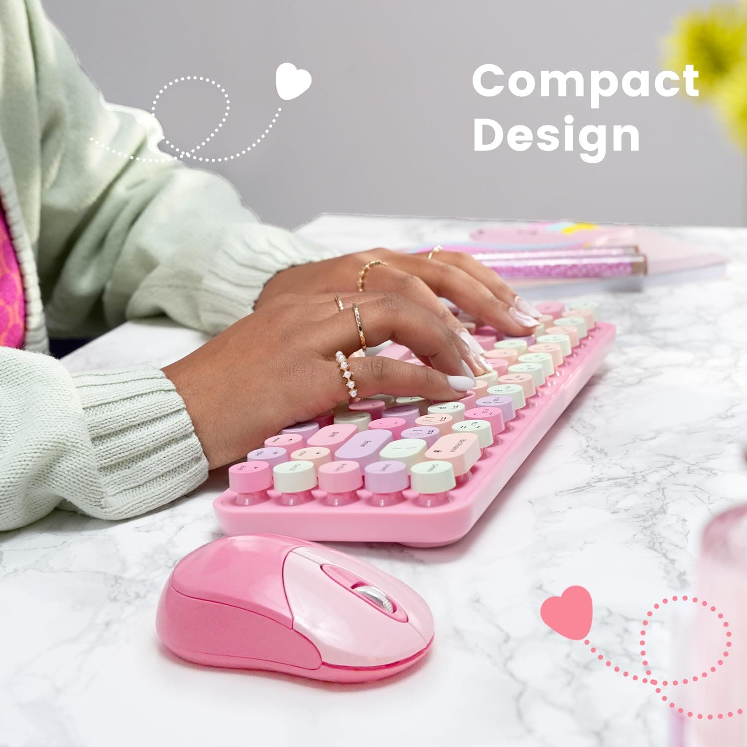 Perixx PERIDUO-802PK Bluetooth Mini Keyboard and Mouse Combo - Retro Round Key Caps - Pastel Pink - US English thumbnail 7