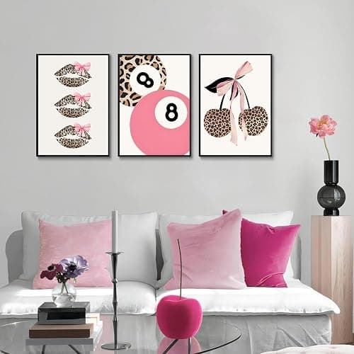 Trendy Pink Leopard Bow Wall Art Set of 3 Funky Cherry Lucky 8 Ball Posters Prints Cute Coquette Preppy Room Aesthetic Wall Decor Pictures for Girls Bedroom Apartment Dorm Unframed 12x16in thumbnail 2