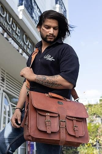 cuero Leather Messenger Bag for Men, 18 Inch Laptop Bag, Crossbody Bag Men, Vintage Handmade Leather Satchel Bag Men, Full Grain Business Briefcase Shoulder Bag for Office/Work/Travel - Dark Brown - 18 inch Large thumbnail 6