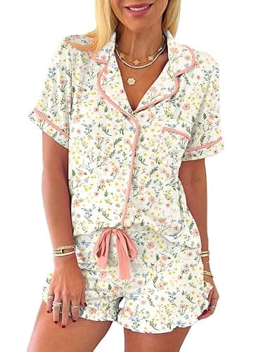 KevaMolly Womens Christmas Lounge Sets Candy Cane Print Pocketed Knotted PJ Set Short Sleeve Xmas Top and Shorts - Image 1