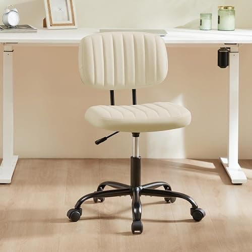 Sweetcrispy Office Desk Chair, Small Vanity Chair, Lumbar Support | Armless PU Leather, Height Adjustable Rolling Swivel Task, Bedroom Home Student, Beige White thumbnail 7