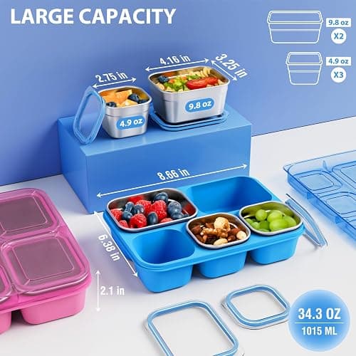 Freshmage Stainless Steel Snack Containers - 2 Pack, BPA-Free Lunch Bento Box with 5 Compartment, Reusable Food Storage Snackle Box for School, Work, and Travel, Dishwasher Safe (Pink) thumbnail 3