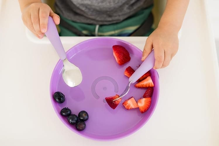 Ubbi Toddler Utensils Set, 2 Pack – Stainless Steel Fork & Spoon with Easy-Grip Silicone Handles, Kids Silverware for Self-Feeding & Baby-Led Weaning, BPA-Free Dishwasher Safe, Smoothie Purple thumbnail 2
