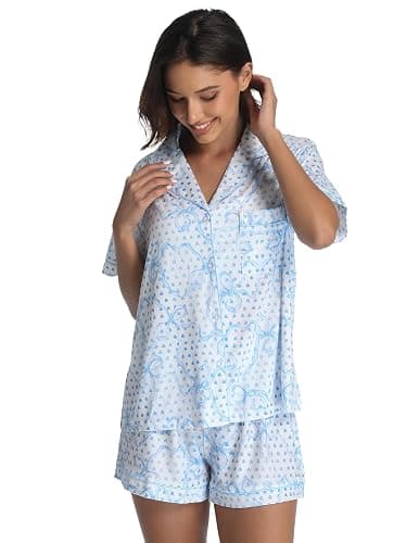 ANGELBEE 2 Piece Preppy Pajamas Button Down Y2k Print Monkey Pajamas for Women Cute Beach Shorts Set pjs Loungewear - Blue-b - Large thumbnail 3
