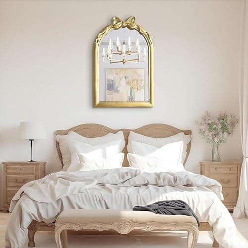 iyabat 36x24 Arched Gold Bow Wall Mirror, Vintage Vanity Mirror for Bathroom & Bedroom Decor, Antique French Style Engineered Wood Frame with Ribbon Knot, Cute Coquette Aesthetic thumbnail 8