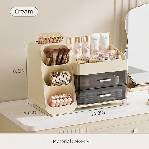 KQJS Makeup Organizer with Drawers,Large Capacity Countertop Organizer for Vanity,Bathroom and Bedroom Desk Cosmetics Organizer,Easy To Storage Skincare,Brushes, Eyeshadow, Lotions, Lipstick (Cream) thumbnail 2