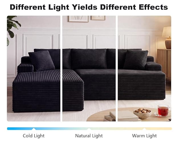 KIVENJAJA 96" Boneless Sectional Couch, 3 Seat with Chaise, Black | living room, apartment, basement, no assembly required, deep seat, cloud, easy to move, corduroy fabric, high-density foam thumbnail 9
