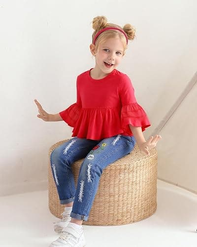 NZRVAWS Baby Girl Clothes Toddler Girl Outfits Infant Ruffle Shirt Denim Ripped Jeans Cute Clothing Set thumbnail 4