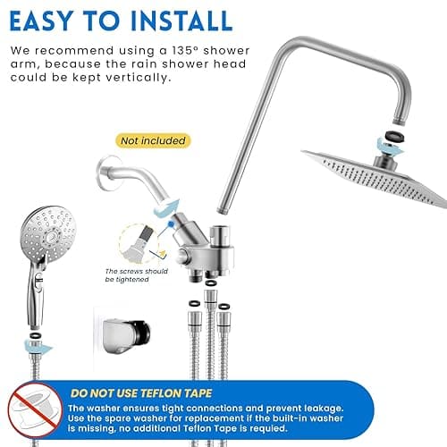 Ryamen Dual Shower Head Combo, 8'' High Pressure Rain/Rainfall Shower Head, 6 Settings Adjustable Handheld Showers, with 15" Height Adjustable Slide Bar, Holder/Hose, Angle Adjustable, Chrome - Bright Silver thumbnail 6