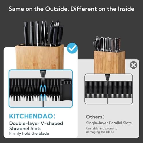 KITCHENDAO XL Bamboo Universal Knife Block Holder with Slots for Scissors and Sharpening Rod, Safe, Space Saver Knives Storage Stand Display without Knives, Unique Slot Design to Protect Blade thumbnail 4